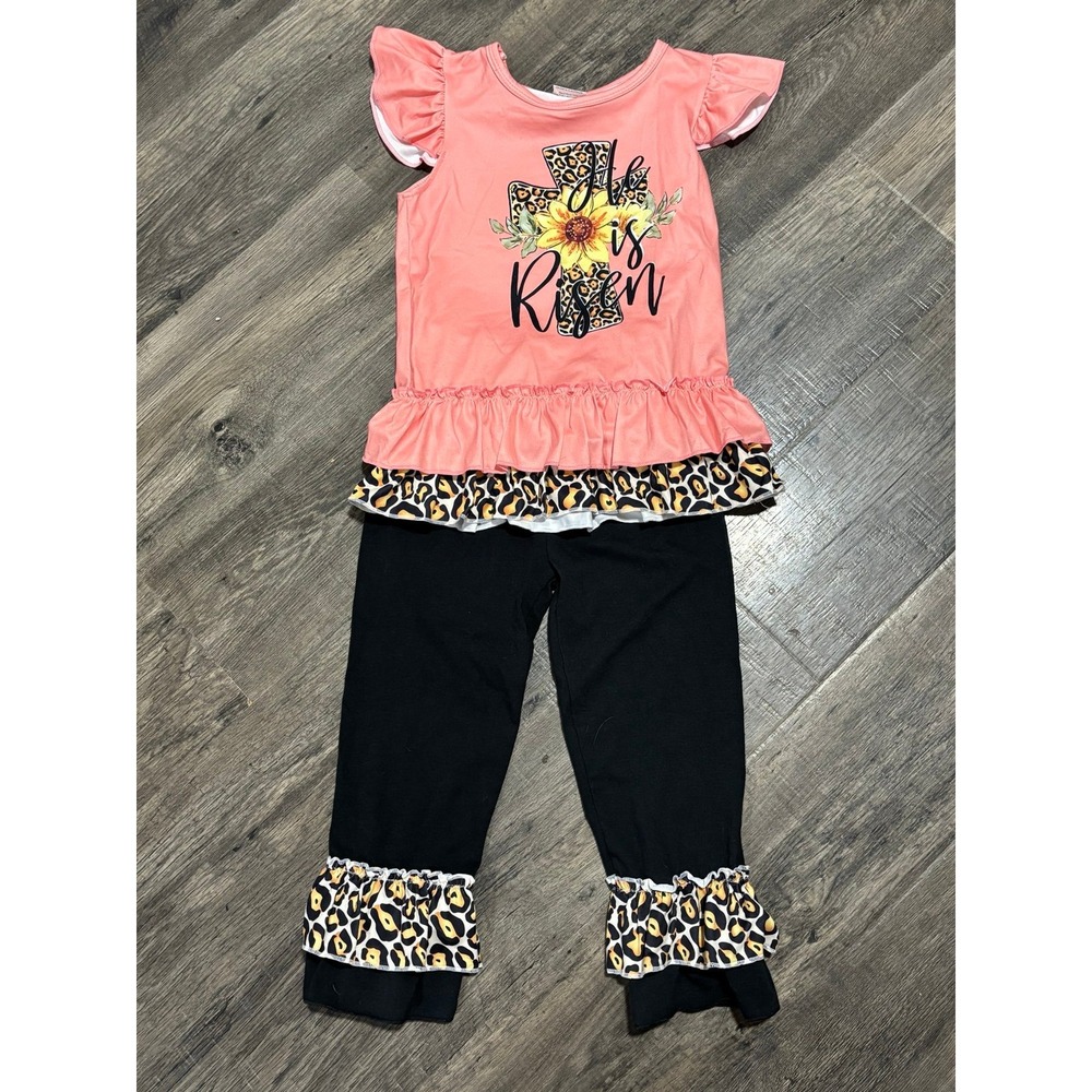 Girls Boutique Easter 2 piece set Shirt & Ruffled Pants He Is Risen NEW 4T